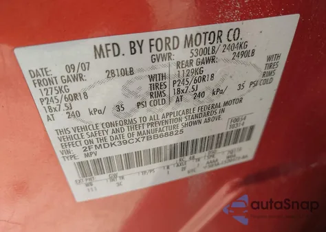 2007 Ford Edge Sel Plus z USA, uszkodzony, nr VIN 2FMDK39CX7BB68825